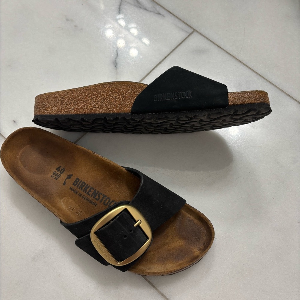 Birkenstock Black Suede Single Strap Slide with Gold Buckles - Picture 2 of 4